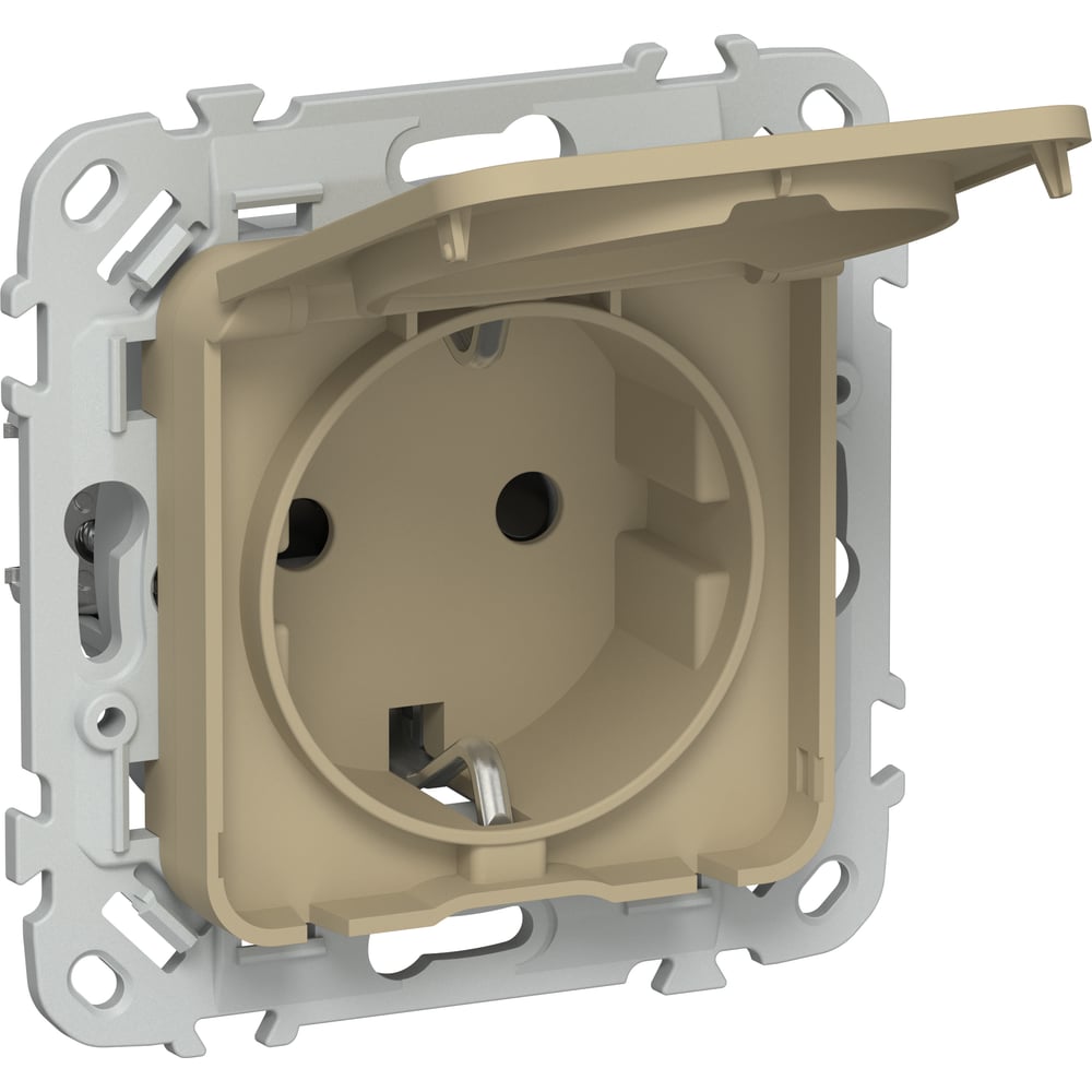 Изображение товара Розетка IEK FLITE с заземляющим контактом, шторками и крышкой, б/к 16А IP44 РСшкр11-1-44-ФлХ хаки FI-R16-16-1-44-K59