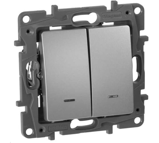 Изображение товара Переключатель IEK ETIKA 2-клавишный, с подсветкой/индикатором сх6/2L 10АХ б/к алюминий 672416