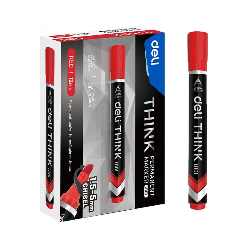 Изображение товара Перманентный маркер DELI Think скошенный наконечник 1.5-5 мм 12 шт красный