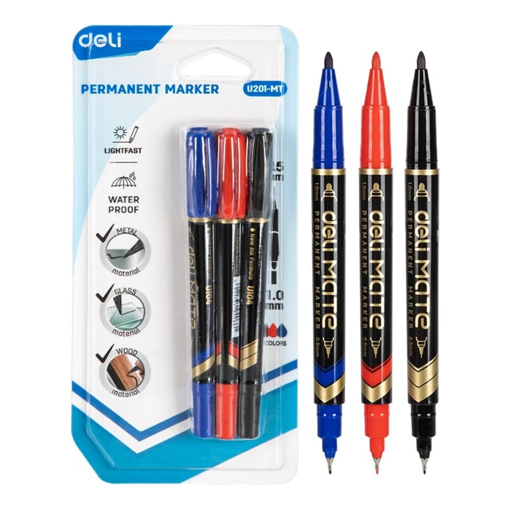 Изображение товара Набор перманентных маркеров DELI, двухсторонние, 3 цвета, 36 шт