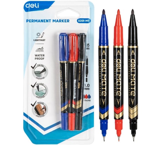Изображение товара Набор перманентных маркеров DELI двухсторонний наконечник 0. 5мм/ 1. 0 мм, 3 цвета в наборе, блистер ( 36шт) EU201-MT