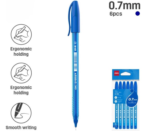 Изображение товара Набор шариковых ручек неавтоматических DELI игольчатый наконечник 0, 7мм, трехгранный корпус, синие чернила пониженной вязкости, 24 упаковки по 6 штук, пакет с подвесом EQ9-6BL