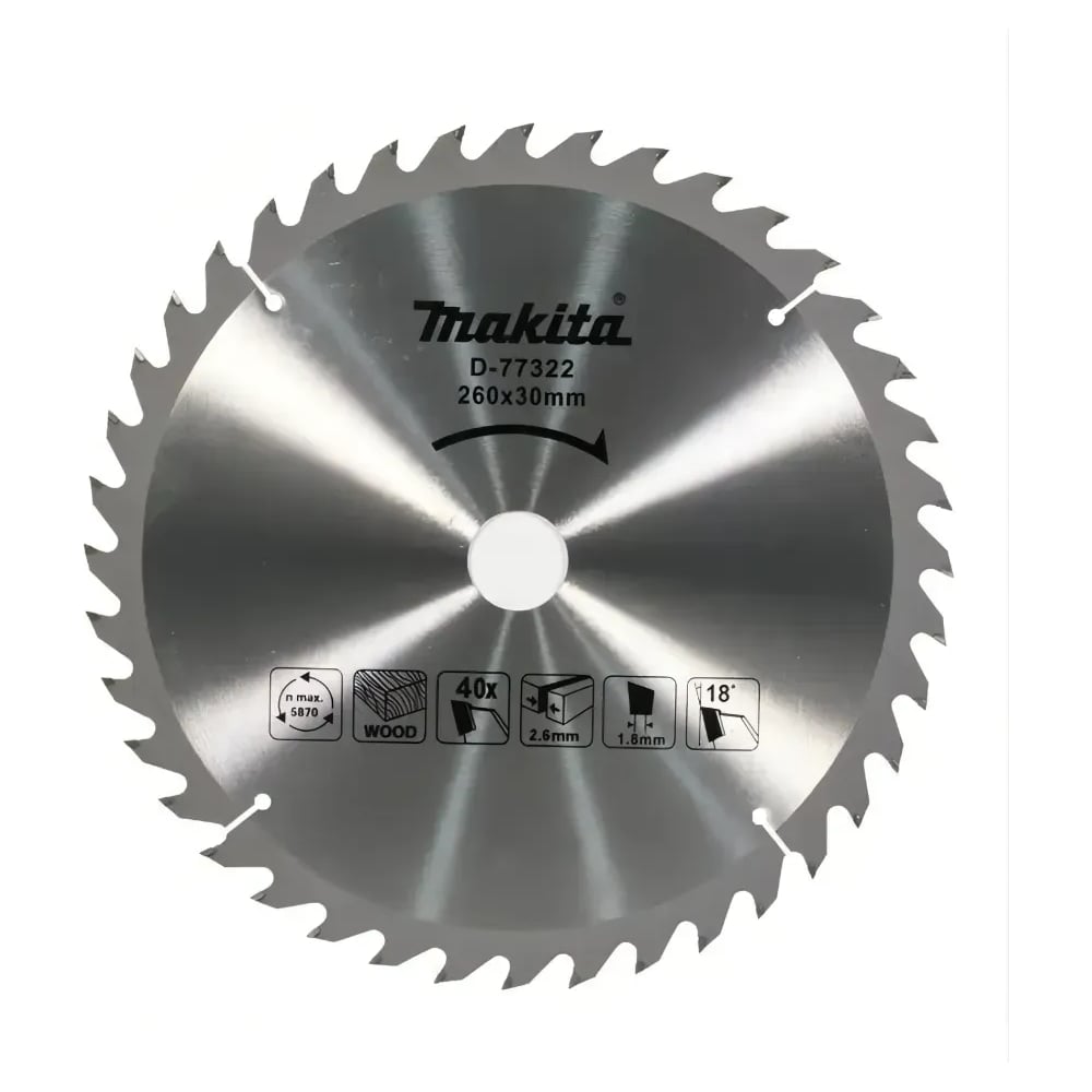 Изображение товара Пильный диск Makita для дерева 260 мм 40 зубьев D-77322
