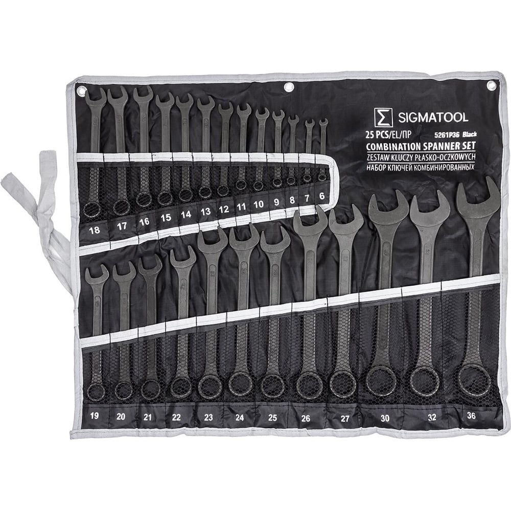 Изображение товара Набор комбинированных ключей SIGMATOOL 25 шт с чехлом антикоррозийное покрытие Изображение товара Набор комбинированных ключей SIGMATOOL 25 шт с чехлом антикоррозийное покрытие