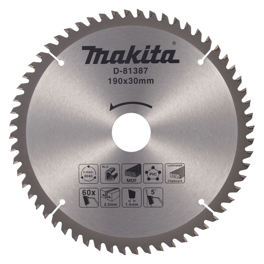 Изображение товара Пильный диск универсальный Makita для алюминия/дерева/пластика, 190x30x2.2/1.4x60T D-81387