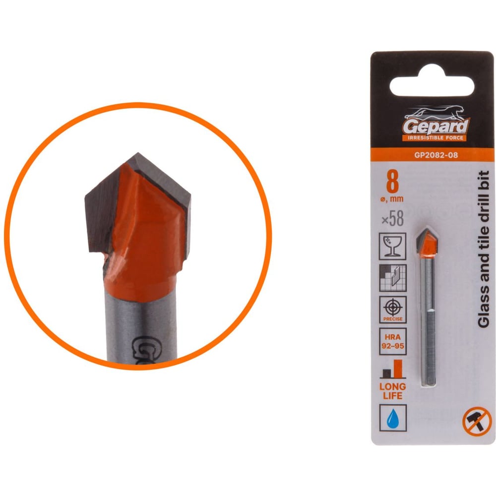 Изображение товара Сверло по кафелю и стеклу GEPARD 8x58 мм трехг. хвостовик GP2082-08