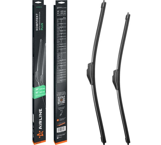 Изображение товара Щетки стеклоочистителя AIRLINE комплект (2 шт) 600/450мм (24/18) бескаркасные PLUS с креплением Крючок 9x3, 9x4 мм AWBBN005