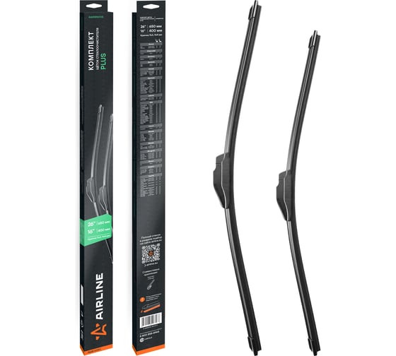 Изображение товара Щетки стеклоочистителя AIRLINE комплект (2 шт) 650/400мм (26/16) бескаркасные PLUS с креплением Крючок 9x3, 9x4 мм AWBBN008