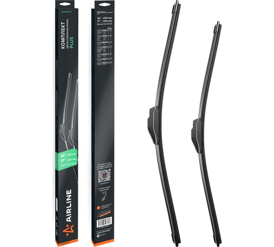 Изображение товара Щетки стеклоочистителя AIRLINE комплект (2 шт) 650/430мм (26/17) бескаркасные PLUS с креплением Крючок 9x3, 9x4 мм AWBBN009