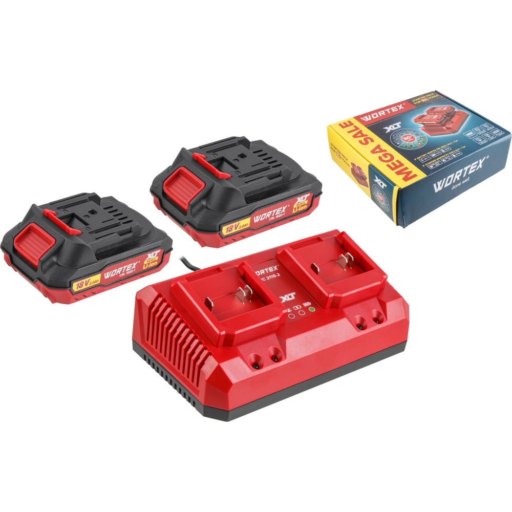 Изображение товара Набор аккумуляторов WORTEX 2х2 А*ч и зарядное устройство 2х2 А ALL1 XLT