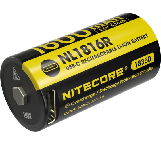 Изображение товара Аккумулятор NITECORE NL1816R Li-ion, 3,7 В, 1600 мАч (5.76 Втч), 18350, USB-C, с защитой 3013