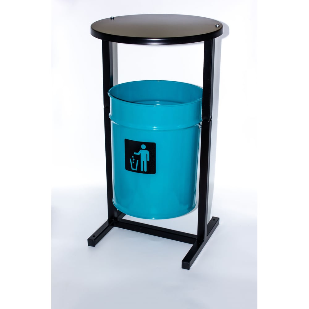 Изображение товара Урна уличная Т ПРОФМЕТСТИЛЬ круглая металлическая с квадратными ножками бирюзовая с крышкой. Арт. 1188