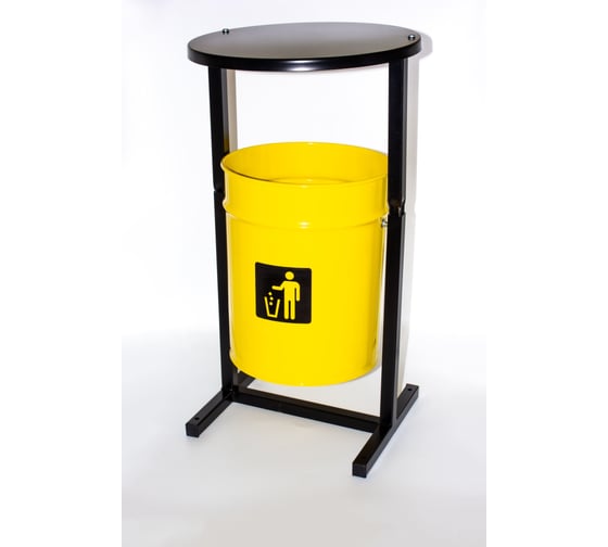 Изображение товара Урна уличная Т ПРОФМЕТСТИЛЬ круглая металлическая с квадратными ножками желтая с крышкой. Арт. 1186