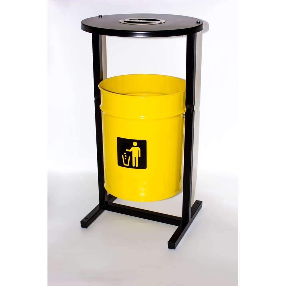 Изображение товара Урна уличная Т ПРОФМЕТСТИЛЬ круглая металлическая с квадратными ножками желтая с пепельницей. Арт 1197