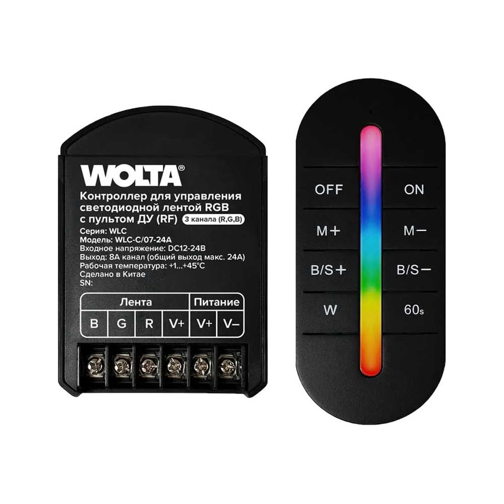 Изображение товара Контроллер 3-канальный для светодиодной ленты Wolta RGB 12-24В, 24А с пультом RF WLC-C/07-24A