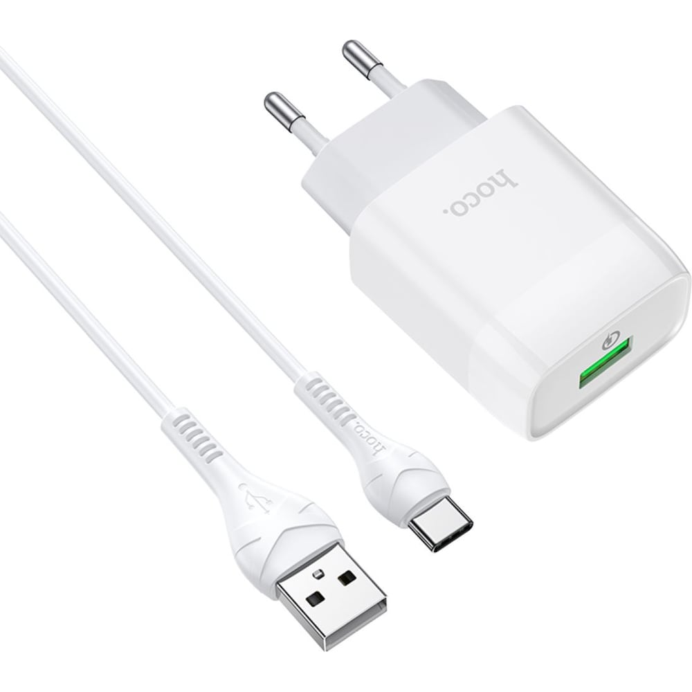 Изображение товара Зарядное устройство Hoco 18Вт, 3А, QC3.0, 1xUSB + кабель USB/Type-C, C72Q, белый, блистер 6931474732552