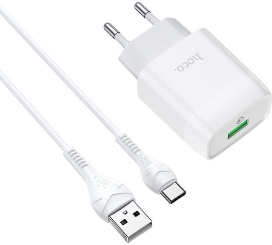 Изображение товара Зарядное устройство Hoco 18Вт, 3А, QC3.0, 1xUSB + кабель USB/Type-C, C72Q, белый, блистер 6931474732552