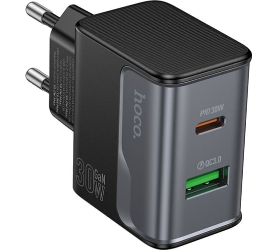 Изображение товара Зарядное устройство Hoco 30Вт, 3А, QC3.0/PD, 1xUSB, 1xType-C, CS73A, черный, коробка 6942007653787
