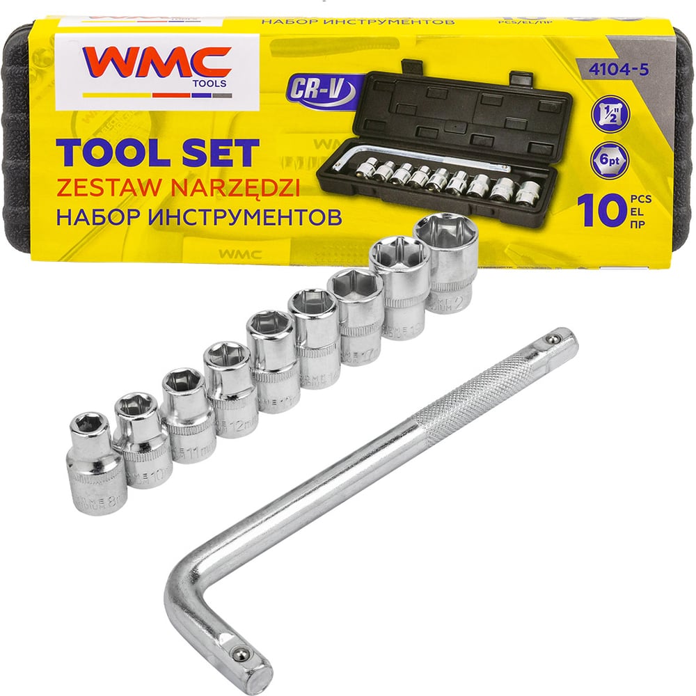 Изображение товара Набор торцевых головок 6-гранных с воротком 220 мм 10 шт WMC TOOLS