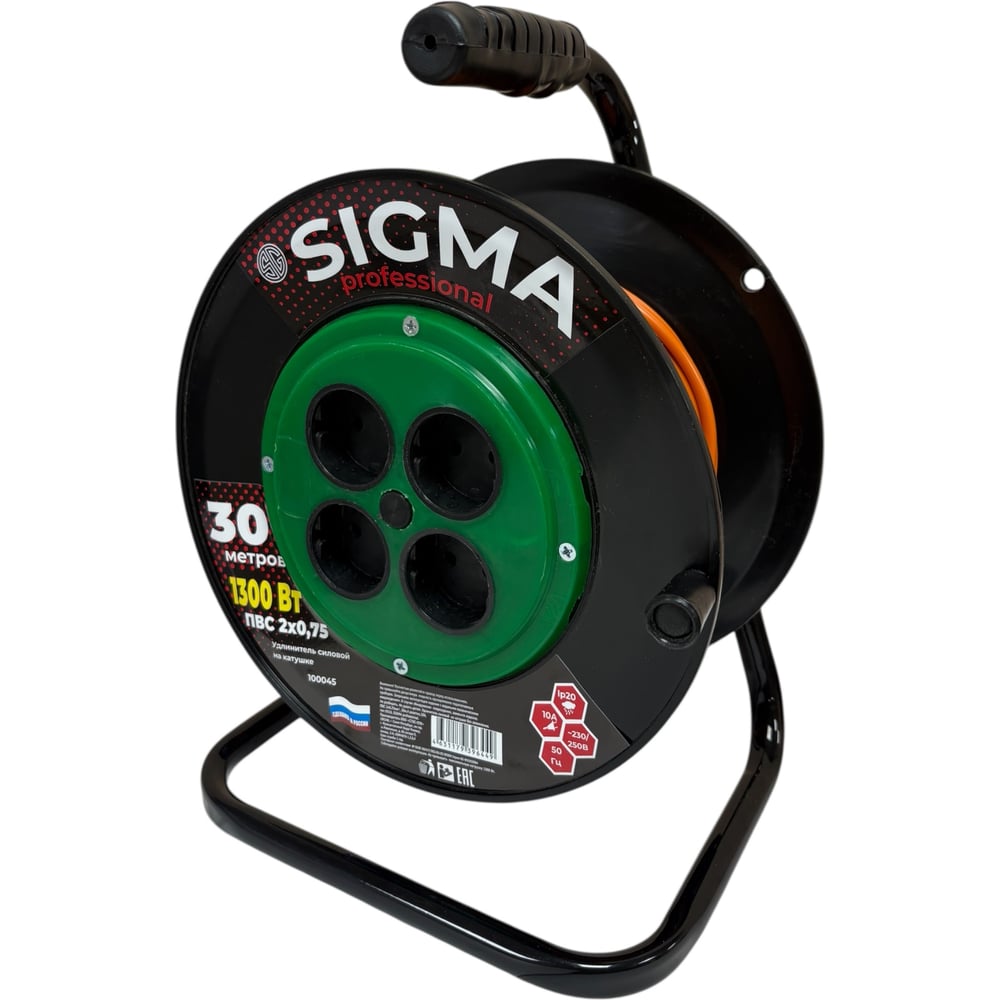 Изображение товара Удлинитель на пластиковой катушке Sigma без заземления (ПВС 2*0,75) 230 В /10А /1300 Вт 30 метров 100045