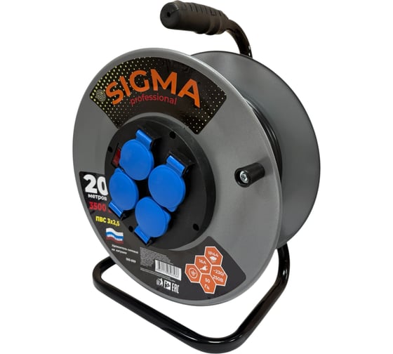 Изображение товара Удлинитель на металлической катушке SIGMA IP44 c заземлением (ПВС 3*2,5) 230 В /16А /3500 Вт 20 метров 100059