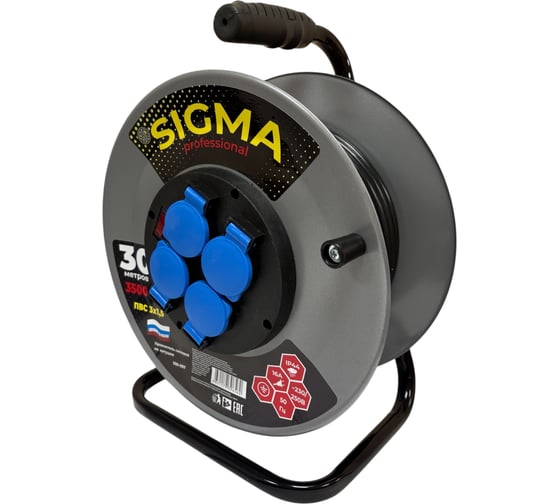 Изображение товара Удлинитель на металлической катушке SIGMA IP44 c заземлением (ПВС 3*1,5) 230 В /16А /3500 Вт 30 метров 100057
