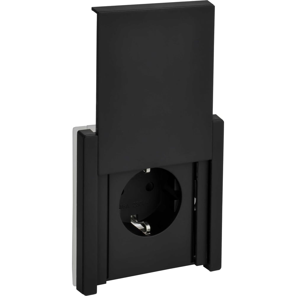 Изображение товара Розетка IEK FORTE&PIANO с заземлением, с защитными шторками, с крышкой, винтовое крепление 16А IP44 FP121M черный FP-R16-16-44-M-K02