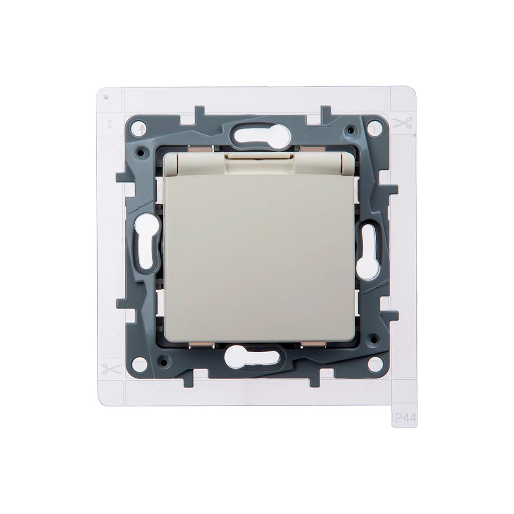 Изображение товара Розетка  IEK ETIKA с заземлением, с защитными шторками, с крышкой, 16А, IP44, слоновая кость 672326