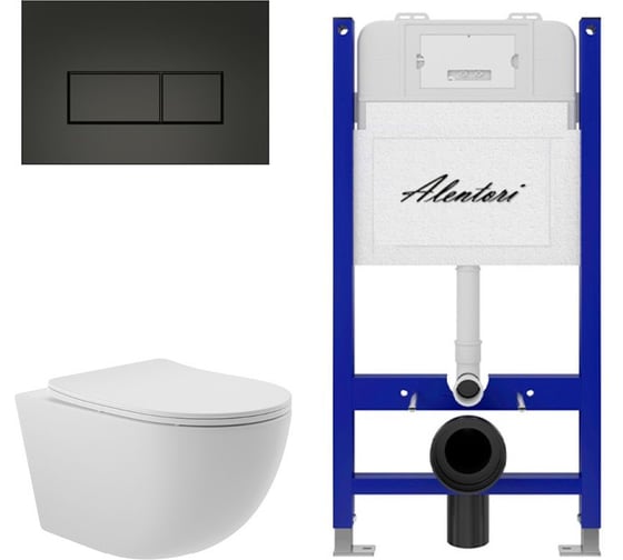 Изображение товара Комплект ALENTORI Инсталляция для унитаза SISTEMA 50 AL.SIS33T с клавишей CHIAVE H, черный мат AL.CHI203BM + Унитаз Long 525х360 безободковый, Vortex (Торнадо), Soft-Close, белый мат, овал AL.SIS33TAL.CHI203BMOV2120