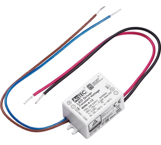 Изображение товара Блок питания AcTEC  12В, 4Вт, IP65, 0.33A, 48x27x21мм, MINI-4-12