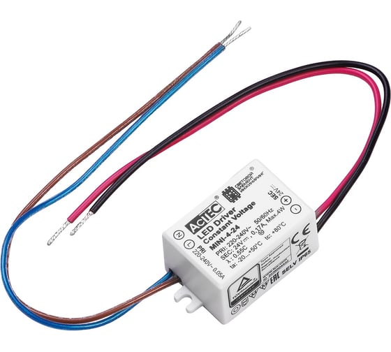 Изображение товара Блок питания AcTEC  24В, 4Вт, IP65, 0.17A, 48x27x21мм, MINI-4-24