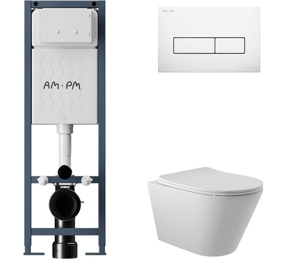 Изображение товара Комплект AM.PM I012711.0301 ErgoFit инсталляция для унитаза с клавишей ErgoFit M пластик, белый глянцевый + унитаз Long 525х360 безободковый, Vortex (Торнадо), сиденье Soft-Close, белый матовый, конус I012711.0301CV2120