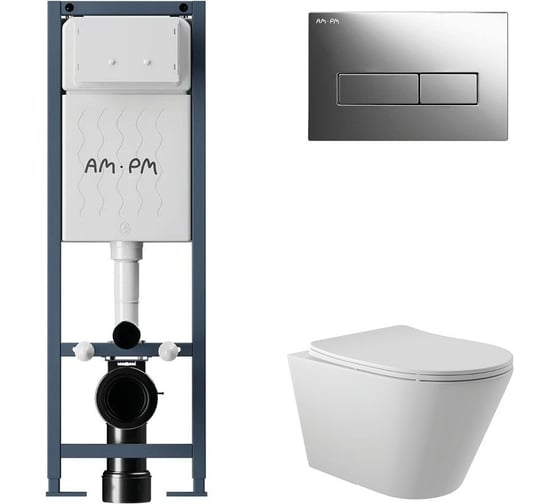 Изображение товара Комплект AM.PM I012711.0351 ErgoFit инсталляция для унитаза с клавишей ErgoFit M пластик, хром глянц + унитаз Long 525х360 безободковый, Vortex (Торнадо), сиденье Soft-Close, белый матовый, конус I012711.0351CV2120