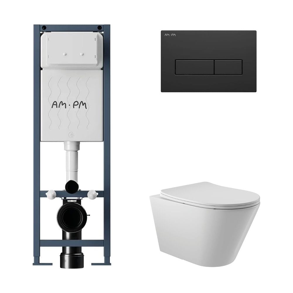 Изображение товара Комплект AM.PM I012711.0338 ErgoFit инсталляция для унитаза с клавишей ErgoFit M пластик, черный матовый + унитаз Long 525х360 безободковый, Vortex (Торнадо), Soft-Close, белый глянцевый, конус I012711.0338CV2110