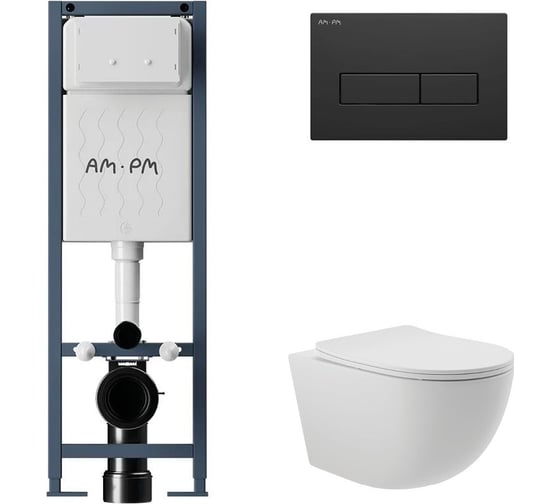 Изображение товара Комплект AM.PM I012711.0338 ErgoFit инсталляция для унитаза с клавишей ErgoFit M пластик, черный матовый + унитаз Long 525х360 безободковый, Vortex (Торнадо), сиденье Soft-Close, белый матовый, овал I012711.0338OV2120