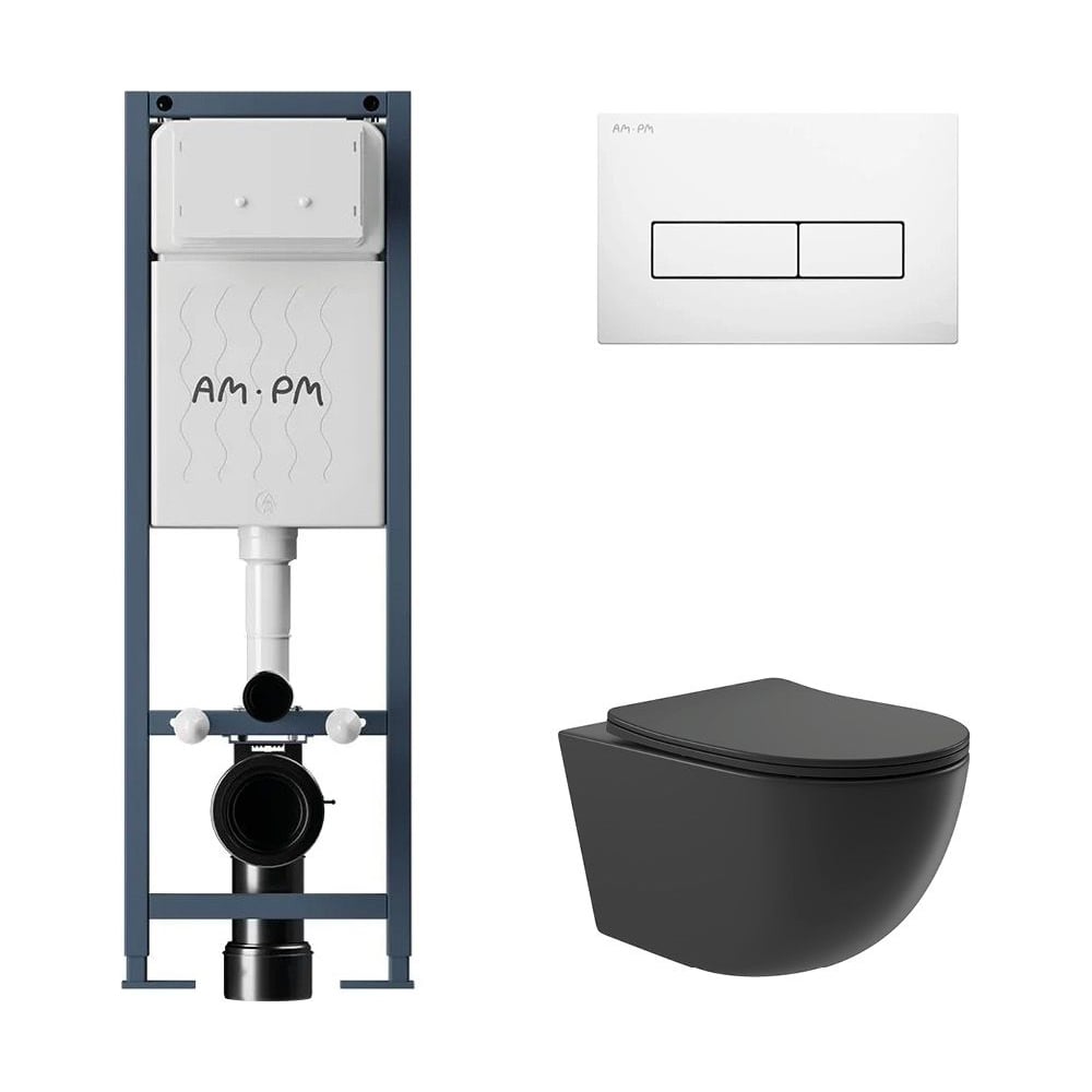 Комплект AM.PM I012711.0301 ErgoFit инсталляция для унитаза с клавишей ErgoFit M пластик, белый глянцевый + унитаз Long 525х360 безободковый, Vortex (Торнадо), сиденье Soft-Close, черный матовый, овал I012711.0301OV2140