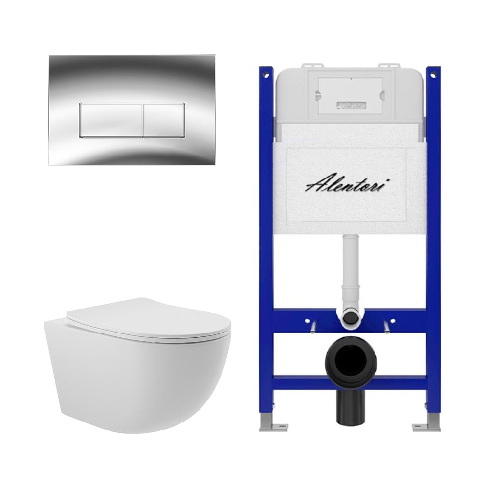 Изображение товара Комплект ALENTORI Инсталляция для унитаза SISTEMA 50 AL.SIS33T с клавишей CHIAVE H, хром глянец AL.CHI202CH + Унитаз Long 525х360 безободковый, Vortex (Торнадо), Soft-Close, белый мат, овал AL.SIS33TAL.CHI202CHOV2120