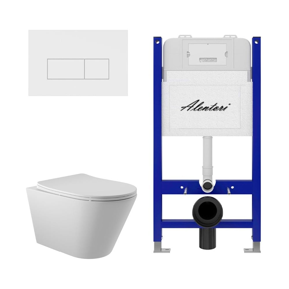 Изображение товара Комплект ALENTORI Инсталляция для унитаза SISTEMA 50 AL.SIS33T с клавишей CHIAVE H, белый мат AL.CHI018WM + Унитаз Long 525х360 безободковый, Vortex (Торнадо), Soft-Close, белый мат, конус AL.SIS33TAL.CHI018WMCV2120