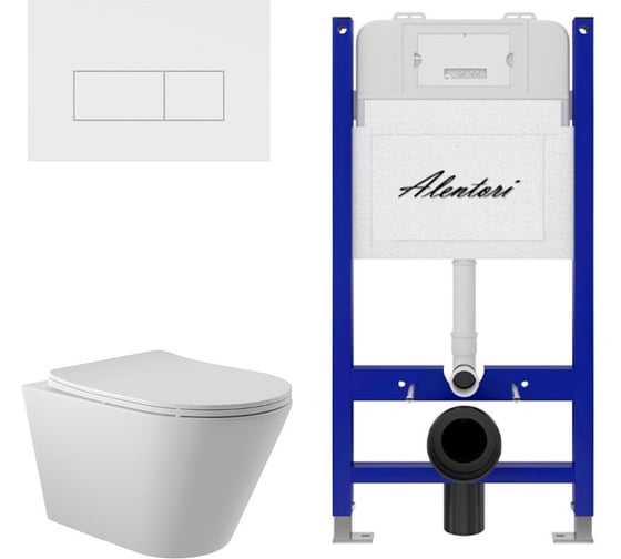 Изображение товара Комплект ALENTORI Инсталляция для унитаза SISTEMA 50 AL.SIS33T с клавишей CHIAVE H, белый мат AL.CHI018WM + Унитаз Long 525х360 безободковый, Vortex (Торнадо), Soft-Close, белый мат, конус AL.SIS33TAL.CHI018WMCV2120