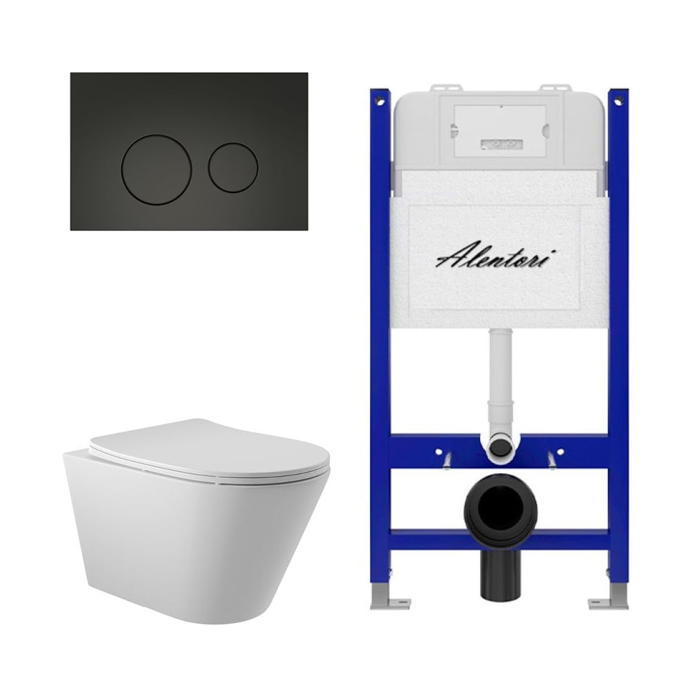 Изображение товара Комплект ALENTORI Инсталляция для унитаза SISTEMA 50 AL.SIS33T с клавишей CHIAVE L, черный мат AL.CHI103BM + Унитаз Long 525х360 безободковый, Vortex (Торнадо), Soft-Close, белый мат, конус AL.SIS33TAL.CHI103BMCV2120