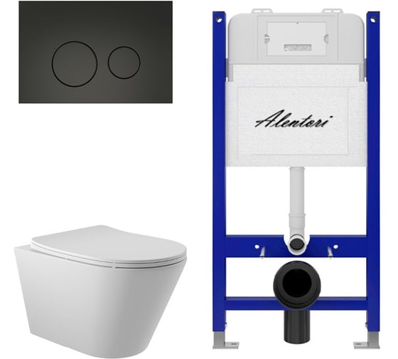 Изображение товара Комплект ALENTORI Инсталляция для унитаза SISTEMA 50 AL.SIS33T с клавишей CHIAVE L, черный мат AL.CHI103BM + Унитаз Long 525х360 безободковый, Vortex (Торнадо), Soft-Close, белый мат, конус AL.SIS33TAL.CHI103BMCV2120