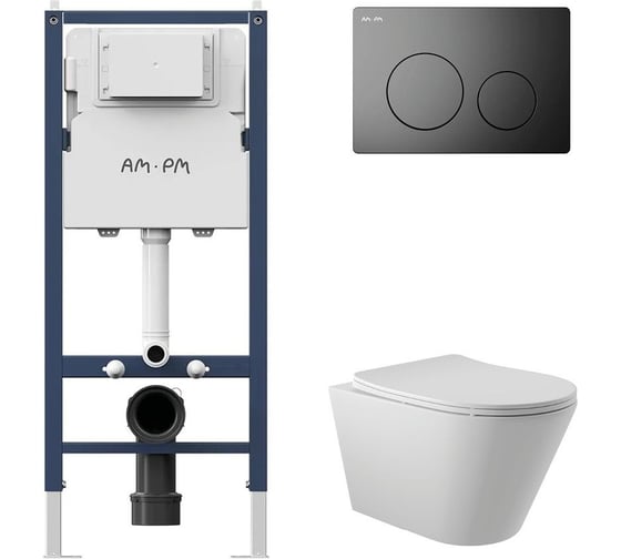 Изображение товара Комплект AM.PM I012709.0138 PrimeFit инсталляция для унитаза с клавишей PrimeFit L, черный матовый + Унитаз Long 525х360 безободковый, Vortex (Торнадо), сиденье Soft-Close, белый матовый, конус I012709.0138CV2120