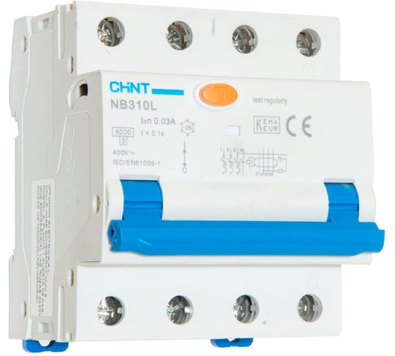 Изображение товара Автоматический выключатель дифференциального тока CHINT АВДТ NB310L 3P+N C20 30мА тип A 6кА, электромеханический (R) 660014