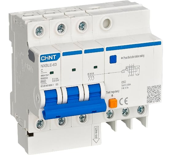 Изображение товара Автоматический выключатель дифференциального тока CHINT АВДТ NXBLE-63 3P+N C20 30мА тип AС 6кА, электронный (R) 982113