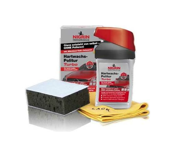 Изображение товара Полироль с твердым воском NIGRIN Turbo с салфеткой и губкой, 300 мл 72971