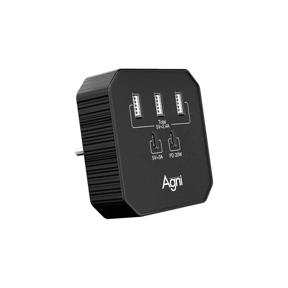 Изображение товара Тройник для розетки AGNI (зарядное устройство), 3USB-A, 2USB-C,цвет черный,TP-WB2U3E-черн TP-WB2U3E-black