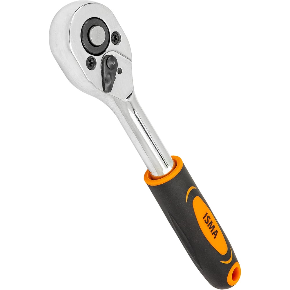 Изображение товара Трещотка реверсивная с двухкомпонентной резиновой рукояткой ISMA 1/4'' (длина 150мм, 24зуб, хромиров. покрытие с доп. термообработкой) ISMA-80229(63392)