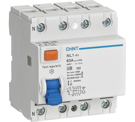 Изображение товара Выключатель дифференциального тока (УЗО) CHINT NL1-100 4P 63А 100мА 10кА тип AC-S (R) 200429