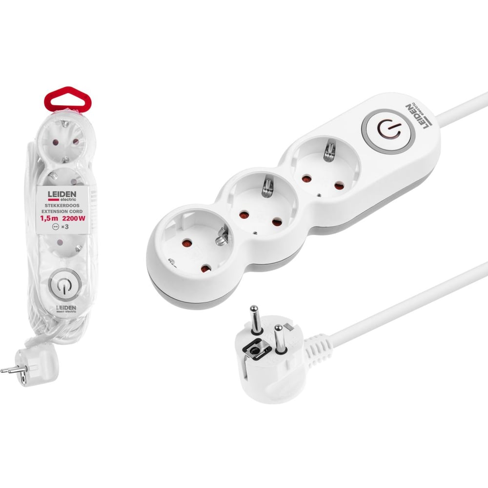 Изображение товара Удлинитель LEIDEN ELECTRIC 1, 5 м 3 розетки, 2, 2 кВт, с заземлением и выключателем, ПВС 3х0, 75 805041 ЦЗ-2237004810
