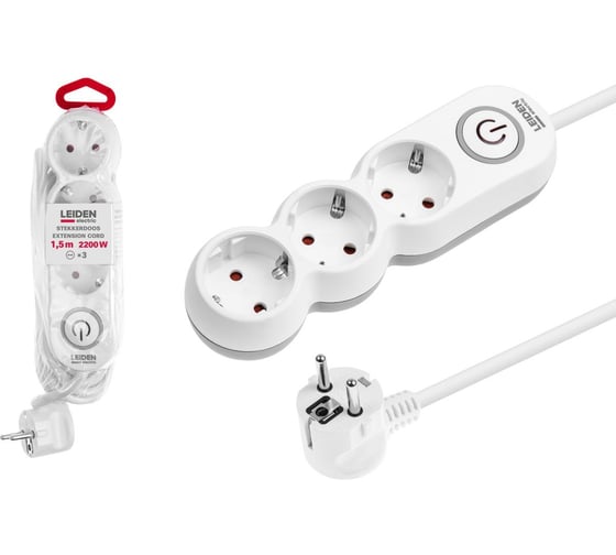 Изображение товара Удлинитель LEIDEN ELECTRIC 1, 5 м 3 розетки, 2, 2 кВт, с заземлением и выключателем, ПВС 3х0, 75 805041 ЦЗ-2237004810